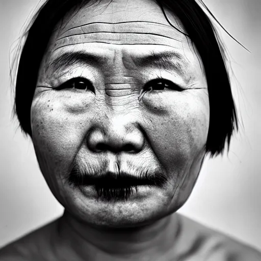 Prompt: grizzled young chinese woman with tribal face tattoos and facial hair, black & white, richard avedon, 5 0 mm, grainy, low light