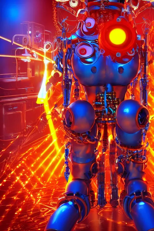 Image similar to portrait photo of a giant huge golden and blue metal humanoid steampunk robot female singer with a human face and gears and tubes, in the foreground is a big red glowing microphone, eyes are glowing red lightbulbs, shiny crisp finish, 3 d render, 8 k, insaneley detailed, fluorescent colors, background is multicolored lasershow