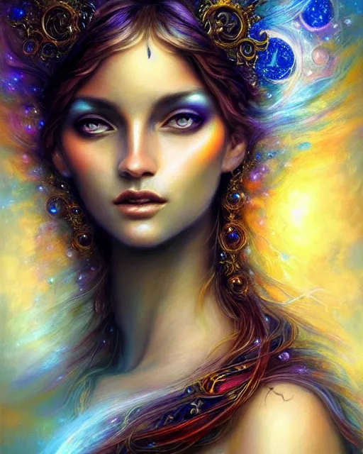 Prompt: portrait of a beautiful celestial goddess, unusual beauty, esoteric, other worldly colors, head in focus, fantasy art, celestial aesthetics intricate, elegant, highly detailed, hyperrealistic painting, artstation, concept art, painterly, sharp focus, illustration, art by lois royo