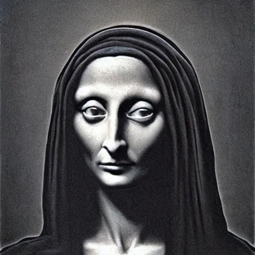 Image similar to beksinski, zdzisław - mona lisa in the style of giger, h. r. by zdzislaw beksinski and h. r. giger