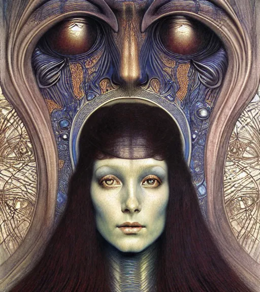 Image similar to detailed realistic beautiful young cher alien robot as queen of mars face portrait by jean delville, gustave dore and marco mazzoni, art nouveau, symbolist, visionary, gothic, pre - raphaelite. horizontal symmetry by zdzisław beksinski, iris van herpen, raymond swanland and alphonse mucha. highly detailed, hyper - real, beautiful