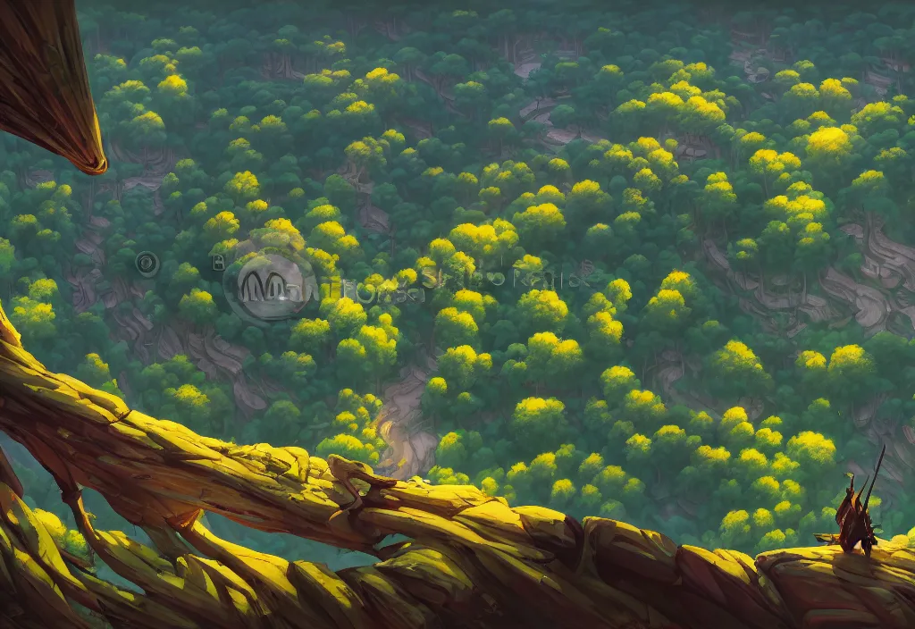 Image similar to high view of the background of a forest that has an endless pit in the bottom of the image, stylised painting, visible brush strokes, forest, medieval architecture, dynamic lighting, aesthetics, smooth, d & d, fantasy, asymmetrical, intricate, elegant, matte painting, by makoto shinkai borderlands and by feng zhu rossdraws, fan art, cartoon style