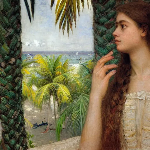 Image similar to a ultradetailed beautiful painting of a girl in the amazonas palace balustrade designed by jules bastien - lepage, hans belmer, frank weston and gustave baumann, beach, trending on artstation, mediterranean, palm trees, detailed face, sharp focus, soft light, 8 k 4 k