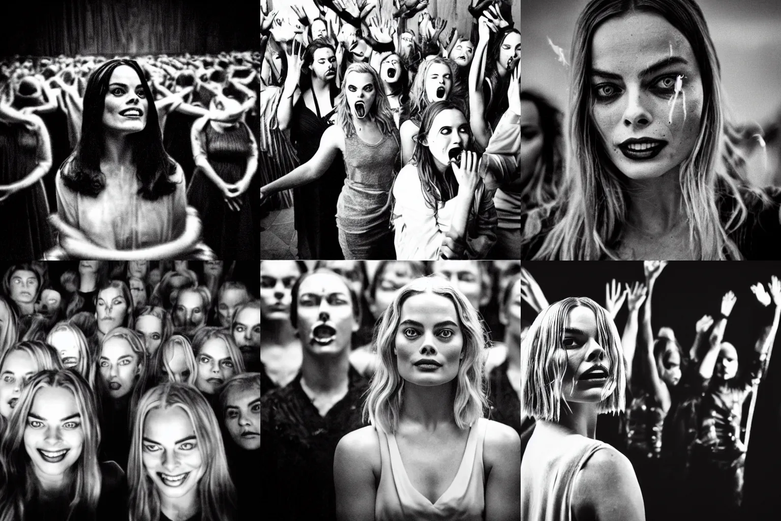 Prompt: old photo of a cult in circle summoning Margot Robbie, creepy, dark, black and white, photo imperfections, grainy