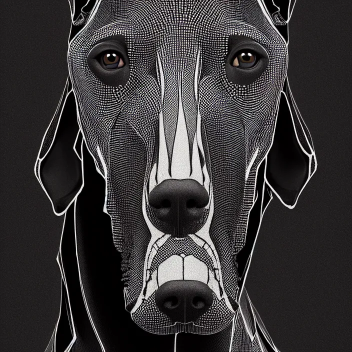 Prompt: portrait of Doberman as skeleton. intricate abstract. intricate artwork. by Tooth Wu, wlop, beeple, dan mumford. octane render, trending on artstation, greg rutkowski, very coherent symmetrical artwork. cinematic, hyper realism, high detail, octane render, 8k, iridescent accents, deep blacks