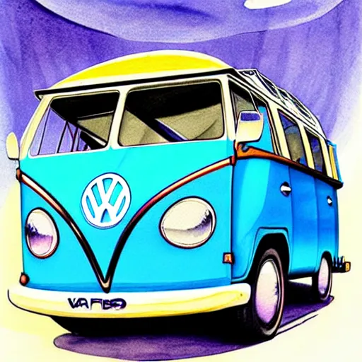 Prompt: fisheye perspective caricature watercolor painting of a vw volkswagen bus, bulli, type - 2, microbus, kombi from pixars cars with eyes instead of a windshield flying towards the camera, jumping at the viewer doors fully open, luggage in the air, dynamic action shot, fish eye lense, frontal, huge vulcano is seen in the background