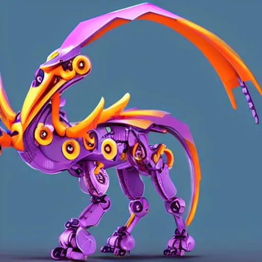 Prompt: very cute and smart robototechnic purple dragon with well-designed head and body and four legs, digital art