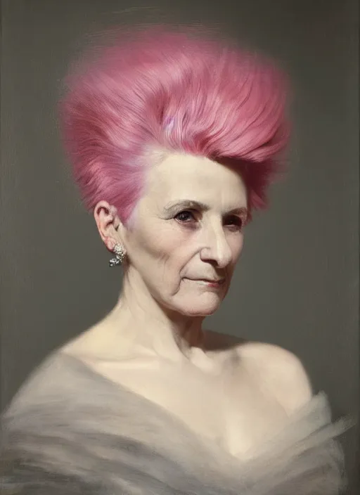 Prompt: a detailed portrait of 8 0 year old girl with a mohawk by edouard bisson, pink hair, punk rock, looking at the camera, oil painting, muted colours, soft lighting