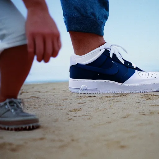 Image similar to person photographs his white nike air force one sneaker on a beach, color film photography, 3 5 mm, pov