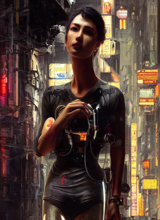 Image similar to Marie Tanaka. Beautiful Cyberpunk mechanic with robotic legs. (Cyberpunk 2077, bladerunner 2049). Gorgeous face. Iranian orientalist portrait by john william waterhouse and Edwin Longsden Long and Theodore Ralli and Nasreddine Dinet, oil on canvas. Cinematic, vivid colors, hyper realism, realistic proportions, dramatic lighting, high detail 4k