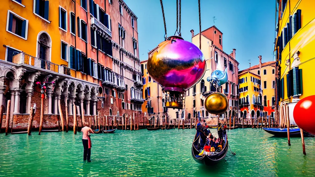 Image similar to large colorful futuristic space age metallic steampunk steam - powered balloons with pipework and electrical wiring around the outside, and people on rope swings underneath, flying high over the beautiful medieval venice city landscape, professional photography, 8 0 mm telephoto lens, realistic, detailed, photorealistic, photojournalism