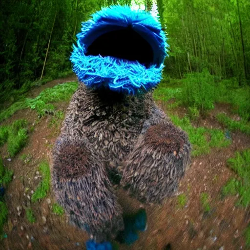 Prompt: Cookie monster caught on a trail cam, trail cam footage, wide angle lens, night vision