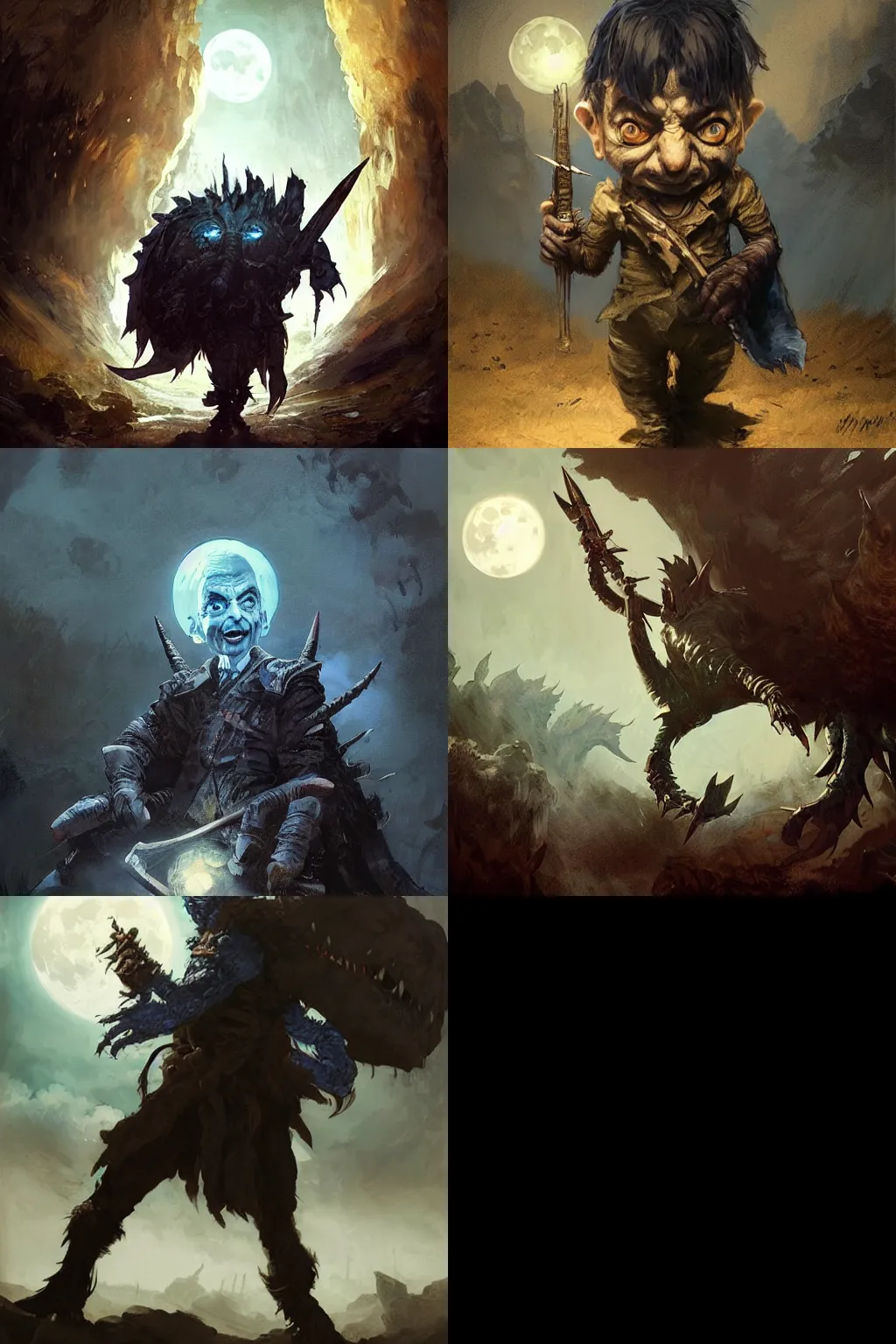 Prompt: Mr Bean as a badass monster hunter, full moon, blue tones, dark fantasy, fantasy concept art by Rembrandt, Goya, Greg Rutkowski and J.Dickenson