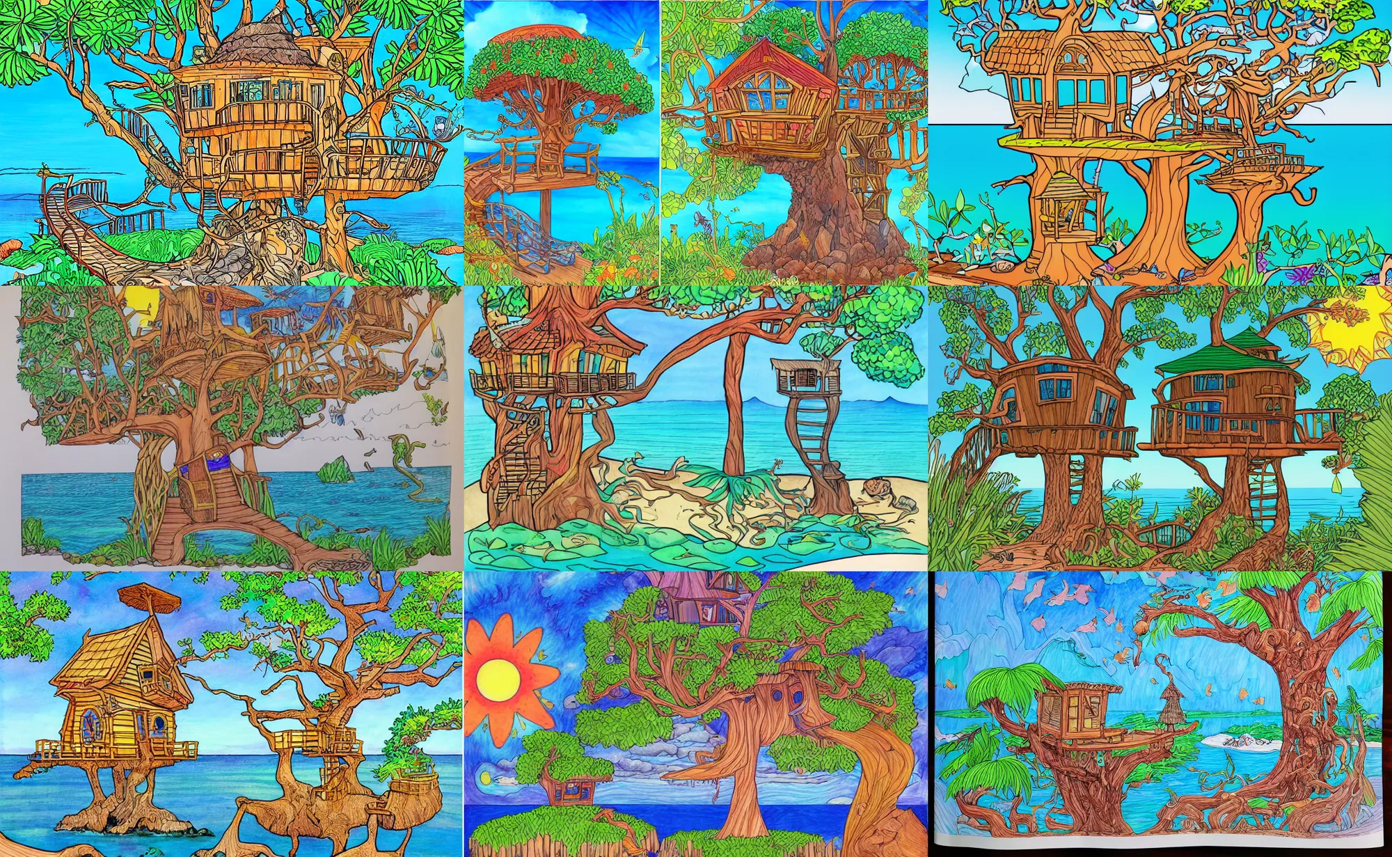 Prompt: coloring book style of a mystical island treehouse on the ocean