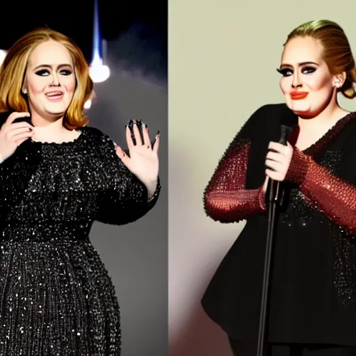 Prompt: Adele with the face of Danny Devito, concert, live performance, full body shot