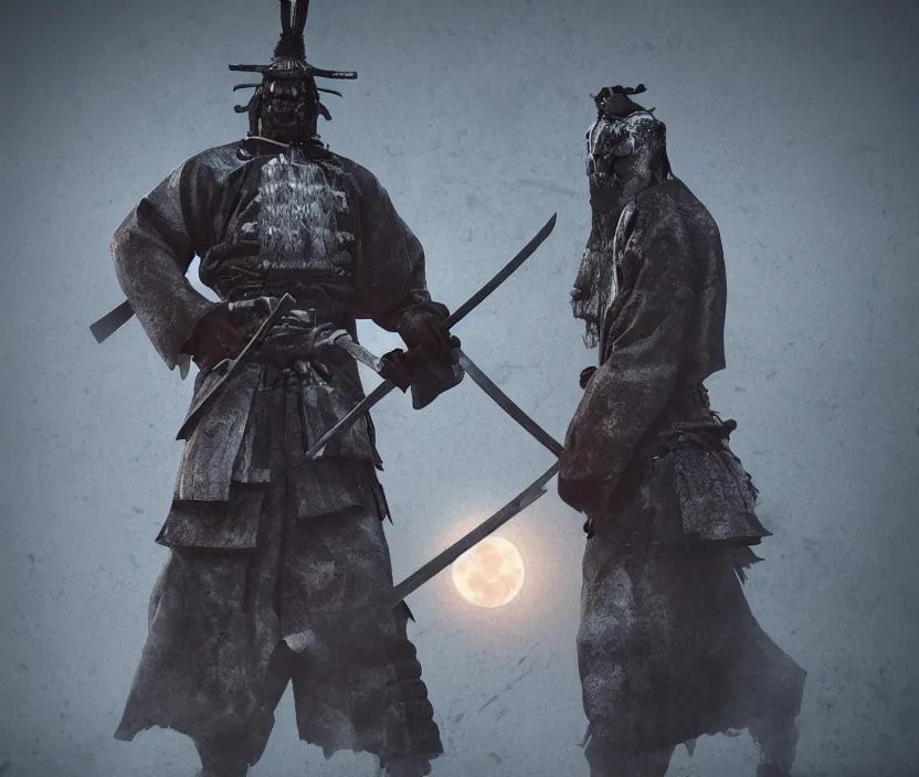 Prompt: 'a samurai! haunted by souls and ghosts with a big full moon on background , gloomy and foggy atmosphere, octane render, artstation trending, horror scene, highly detailded'