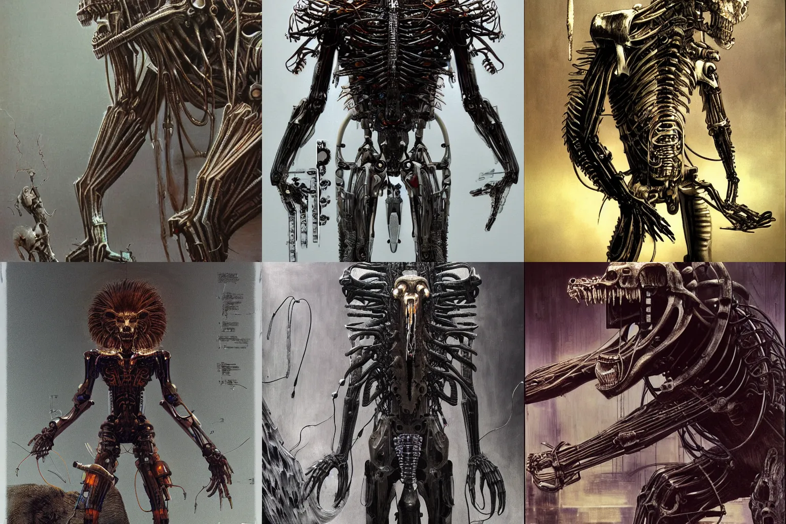 Prompt: humanoid cyborg with a lion skull head, razor sharp teeth and mechanical claws, translucent skin, fur, barcodes, wires and tubes, mix styles of Tsutomu Nihei, video game art, battle scene, zdzisław beksiński and Giger