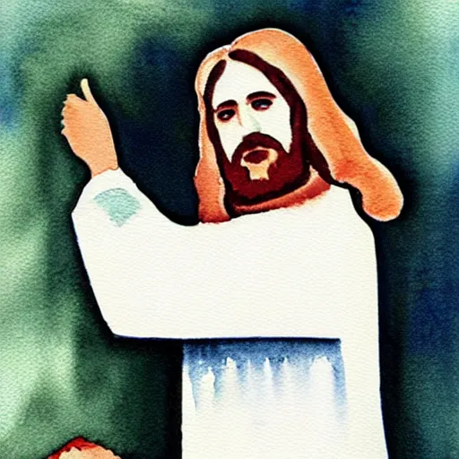 Prompt: jesus christ getting fired from working at kfc. Detailed watercolor.