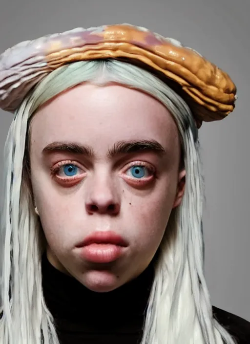 Image similar to a hyper realistic render of billie eilish wearing a melting ice cream cone as a hat, au naturel