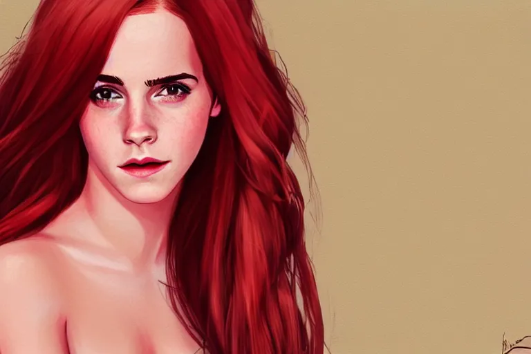 Image similar to Red-haired beauty Emma Watson in a bikini, highly detailed, mid-shot ,pixiv , digital painting , concept art