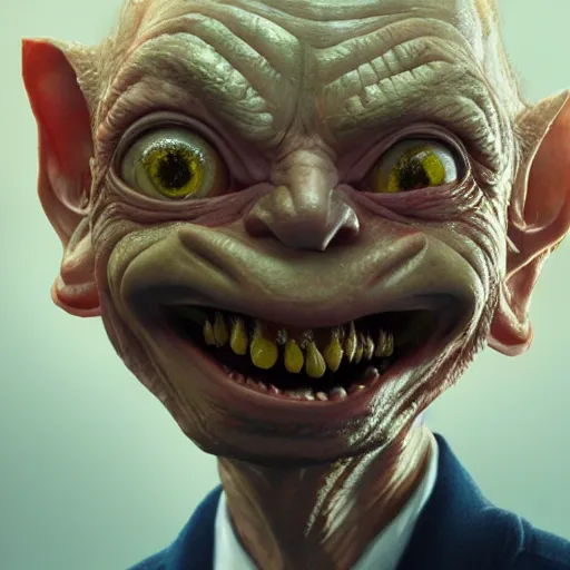 Image similar to donald trump as gollum, smiling, portrait, intricate, detailed, volumetric lighting, scenery, digital painting, highly detailed, artstation, sharp focus, illustration, concept art, ruan jia, steve mccurry