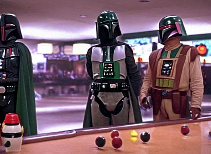 Image similar to boba fett and darth vader drinking at a bowling alley bar in the movie the big lebowski, hd