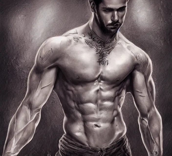 Image similar to photorealistic Portrait of frontal standing pose torso of a very attractive muscular man that looks like a romance book cover, heavily tattoed. All his skin is covered by elvish symbols and letters. Intricate, concept art, magic lighting overlays, magical portal opened, D&D!, fantasy style, sharp focus!, ultra detailed, art by Artgerm and Peter Andrew Jones, WLUP, Magali Villeneuve