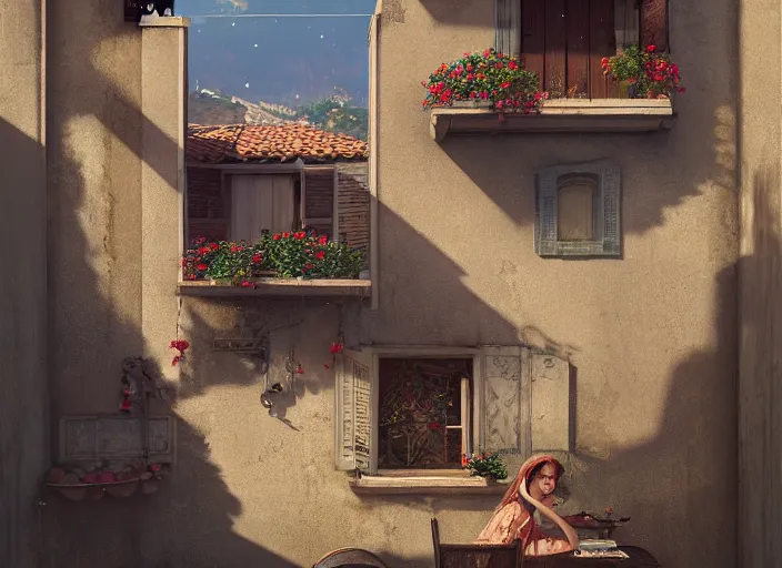 Prompt: seen through a window, italian village, by ilya kuvshinov, rtx rendering, octane render 1 2 8 k, maya, extreme high intricate details by tom bagshaw, composition by sana takeda, lighting by greg rutkowski