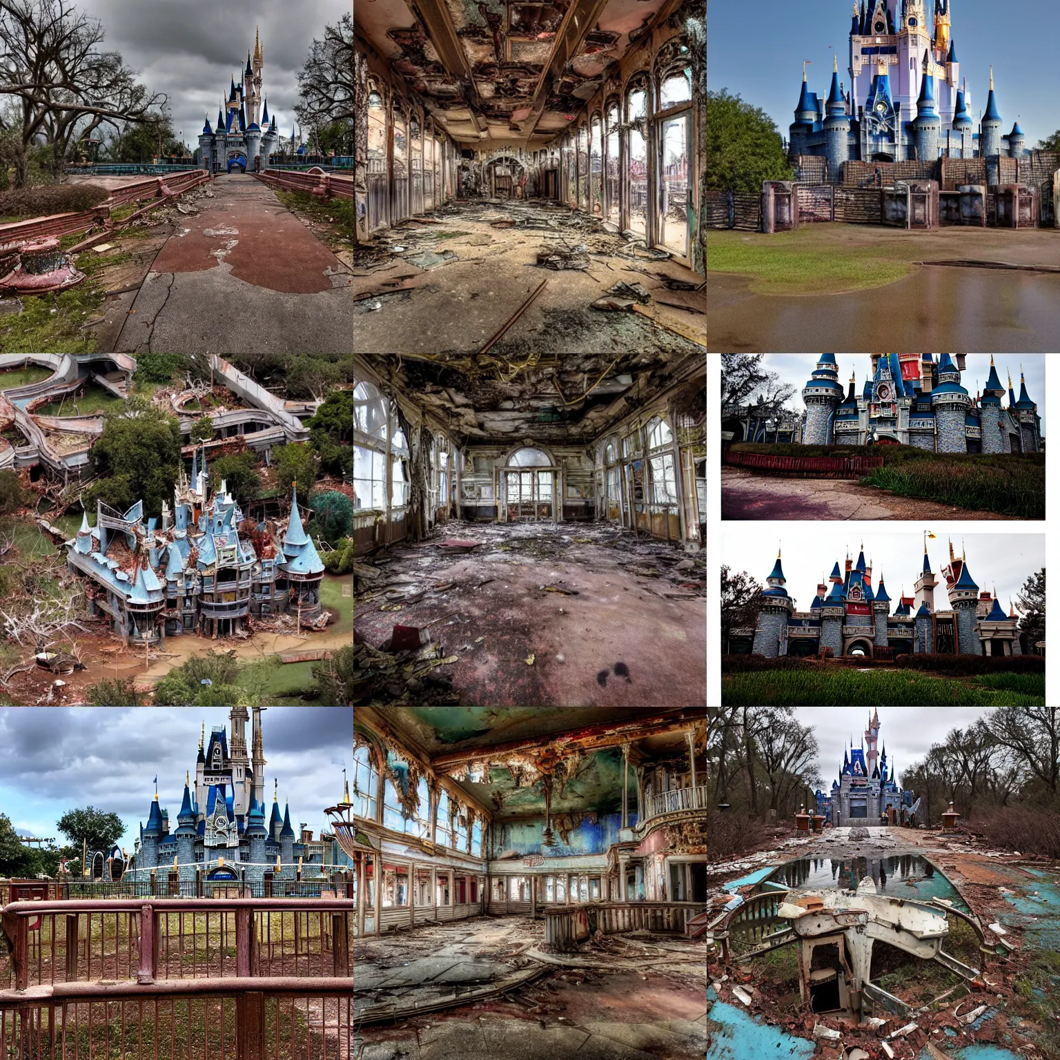 Prompt: photograph of the magic kingdom abandoned taken by the proper people, falling apart, dilapidated, decay, depressing