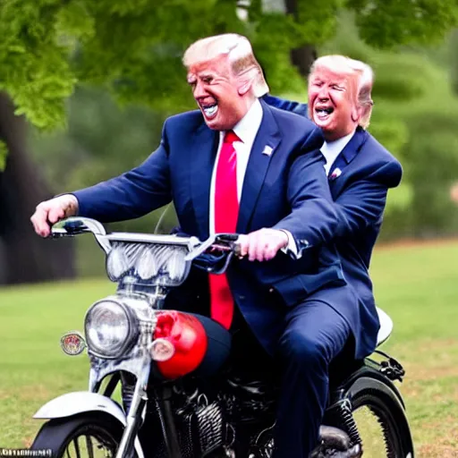 Image similar to joe biden and donald trump drunkenly riding two seater bike together, laughing and joking, photorealistic, detailed