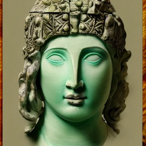 Prompt: “Ancient Greek goddess statue made of ceramics in celadon glaze, concept art, stylized”
