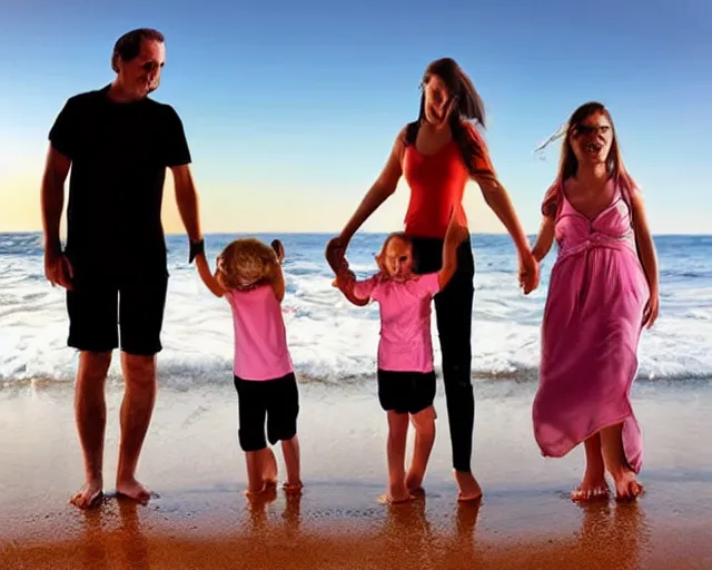 Image similar to happy father, mother, son, daughter, pose portrait on beach, realistic faces