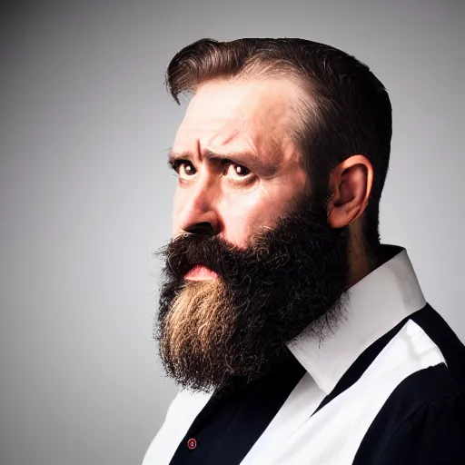 Prompt: 🤨 🤨 🤨 a posh bearded man with a very skeptical and sarcastic expression, one raised eyebrow, head tilted downward, angry, professional photography, studio lighting, dark background