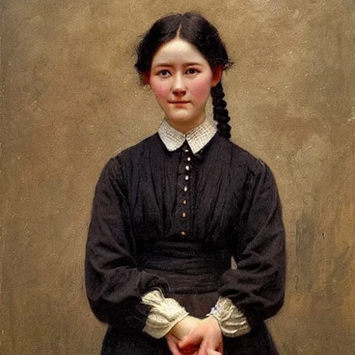 Prompt: a ((sadly)) (((smiling)))) black haired, young hungarian village maid from the 19th century who looks very similar to (((Lee Young Ae))) with a two french braids, detailed, soft focus, realistic oil painting by Munkácsy