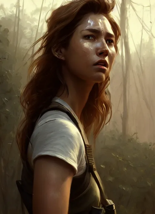 Image similar to epic portrait cinematic shot an female survivor wearing a white t shirt and a military vest, flowing hair, sweaty skin, fine details. night setting. realistic shaded lighting poster by craig mullism, artgerm, jeremy lipkin and michael garmash, unreal engine, radiant light, detailed and intricate environment, digital art, trending on art station,