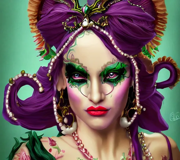 Image similar to beautiful female character inspired by new orleans mardi gras and rococo vampire bounty hunter | | digital artwork made by greg rutswork, anna dittmann and lois van barlee, symmetrical rim light, anatomically correct