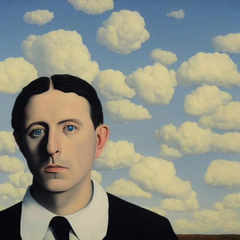 Image similar to portrait of maynard james keenan, clouds in the background, by rene magritte, detailed painting, distance, middle centered, hd, hq, high resolution, high detail, 4 k, 8 k