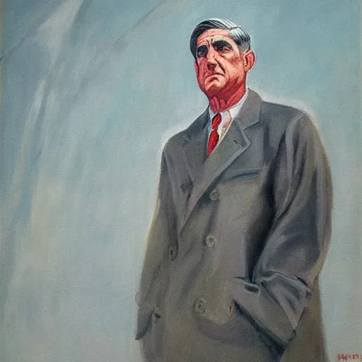 Prompt: socialist realist painting of robert mueller!!! standing with folded arms, polish movie poster