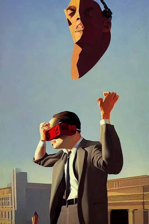 Prompt: Michael Saylor wearing oculus and bitcoin over his head Edward Hopper and James Gilleard, Zdzislaw Beksisnski, highly detailed