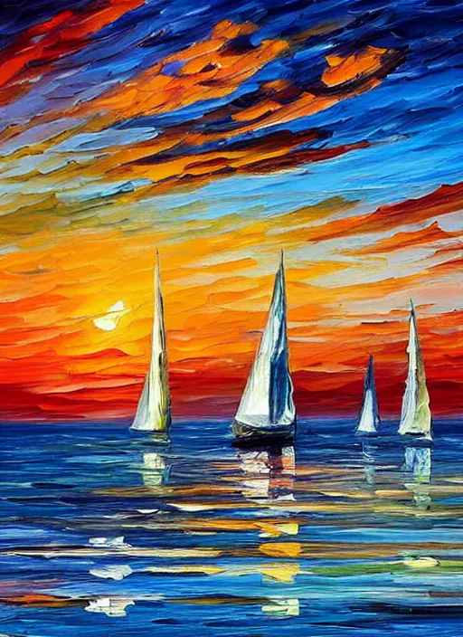 Prompt: beautiful seaside greek sunset with sailboats in the style of leonid afremov