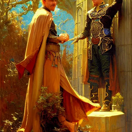 Image similar to attractive arthur pendragon with attractive male merlin the mage. they are in love. highly detailed painting by gaston bussiere, craig mullins, j. c. leyendecker