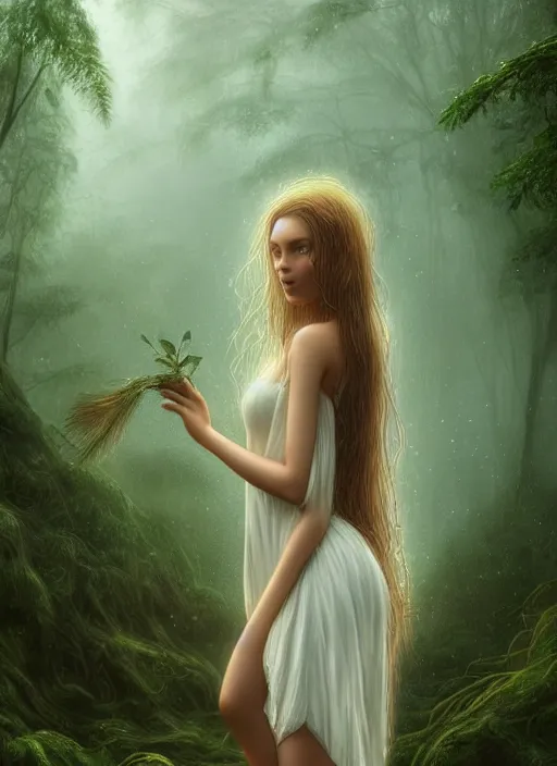 Image similar to young woman beautiful face : : wet hair and white dress : : raining forest nature : : weta disney pixar movie still photo : : decadent highly - detailed digital painting, full length shot, golden ratio, octane render, artstation, smooth, sharp focus, artgerm, mucha, loish, wlop, gogo