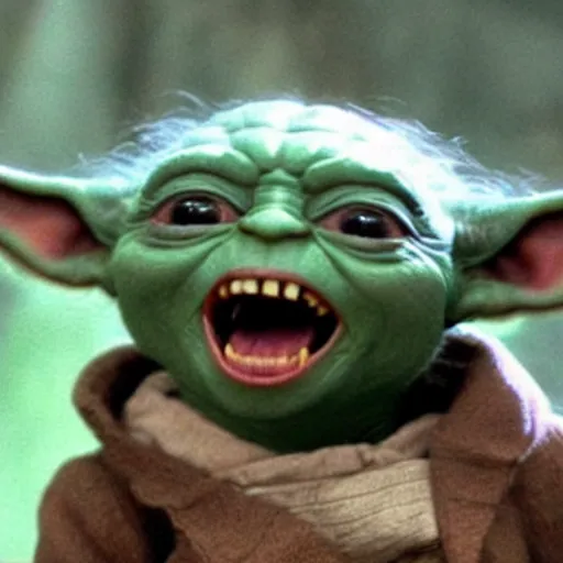 Prompt: extremely zoomed-in photo of Yoda looking very surprised with his mouth open