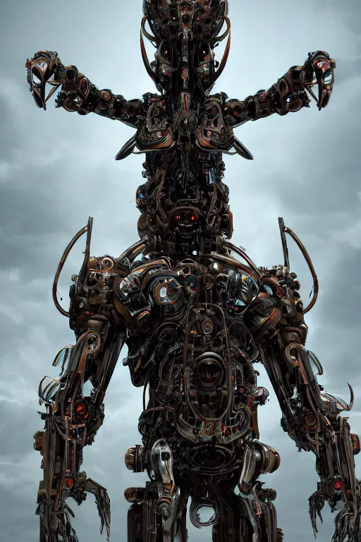 Prompt: Techno-God is an ancient mechanical giant chaotic horned humanoid, digital art, 8k, hyperrealism, high detail, ray tracing, concept art, octane render