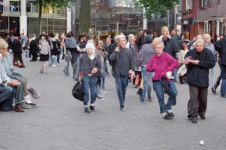 Image similar to candid street photo of random people from the year 2002, in the centre of Eindhoven