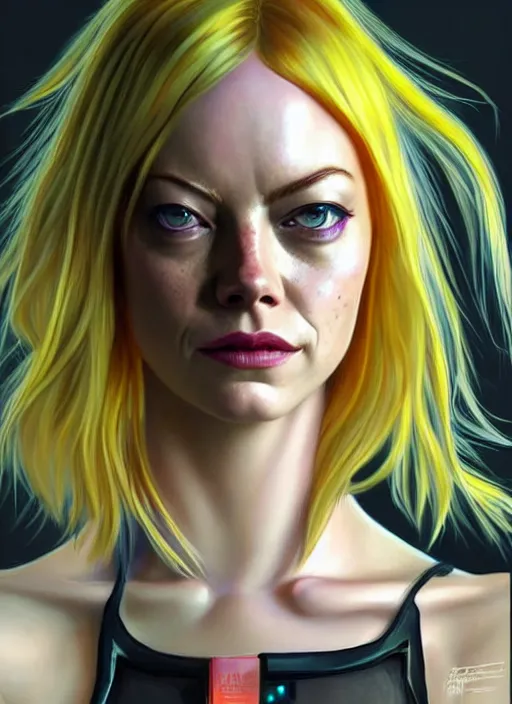 Image similar to portrait of Emma Stone as Leeloo from the fifth element as a character in Cyberpunk 2077, looking at camera, intricate, long blond hair, elegant, sci-fi, extremely detailed, digital painting, artstation, concept art, smooth, sharp focus, illustration, ambient lighting, incredible art by artgerm and greg rutkowski and alphonse mucha and simon stalenhag