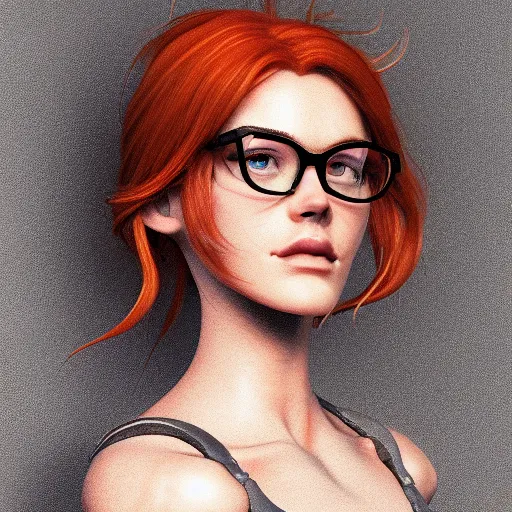Prompt: high detail concept art, beautiful ginger woman with glasses, dynamic lighting, atmospheric, 4k, HD, trending on artstation