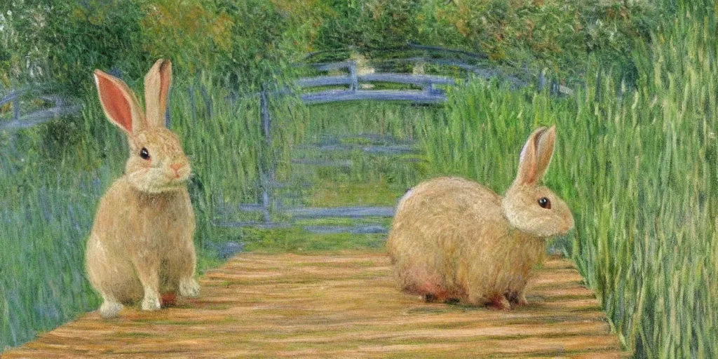 Image similar to a painting of a rabbit standing on a small wooden bridge, in the style of monet