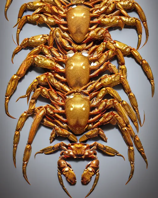Image similar to symmetry, intracate marble bas relief sculpture, gold wire inlay, thousands of crabs crabs crabs crabs crabs crabs, spiders, snakes, highly detailed, octane, 8 k, hdr, hr geiger, ridley scott, alphonse mucha, trending on artstation