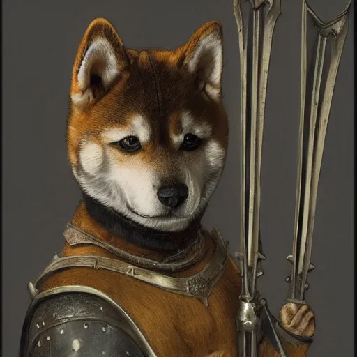 Prompt: anthropomorphic shiba inu, holding medieval bow and aiming directly to camera, medieval armor, dark aura, fantasy, dark graveyard scene, portrait art by donato giancola and greg rutkowski, realistic face, digital art, trending on artstation, symmetry